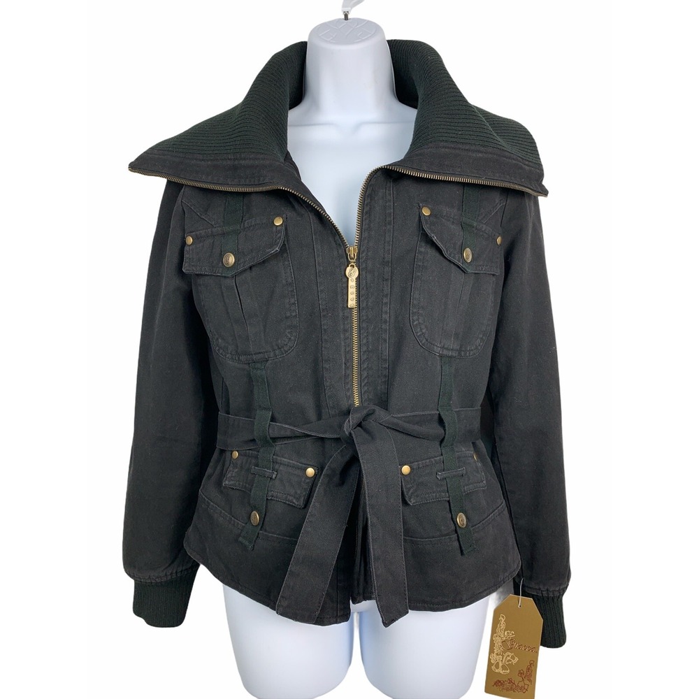 NWT Giacca Wide Collar Jacket Black Med Womens Full Zip Tie Waist Pockets $100